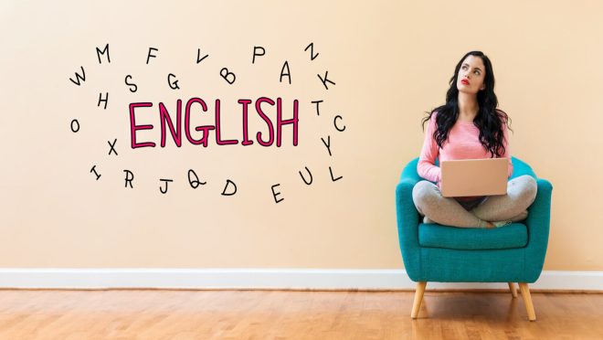 Learning English theme with woman using a laptop