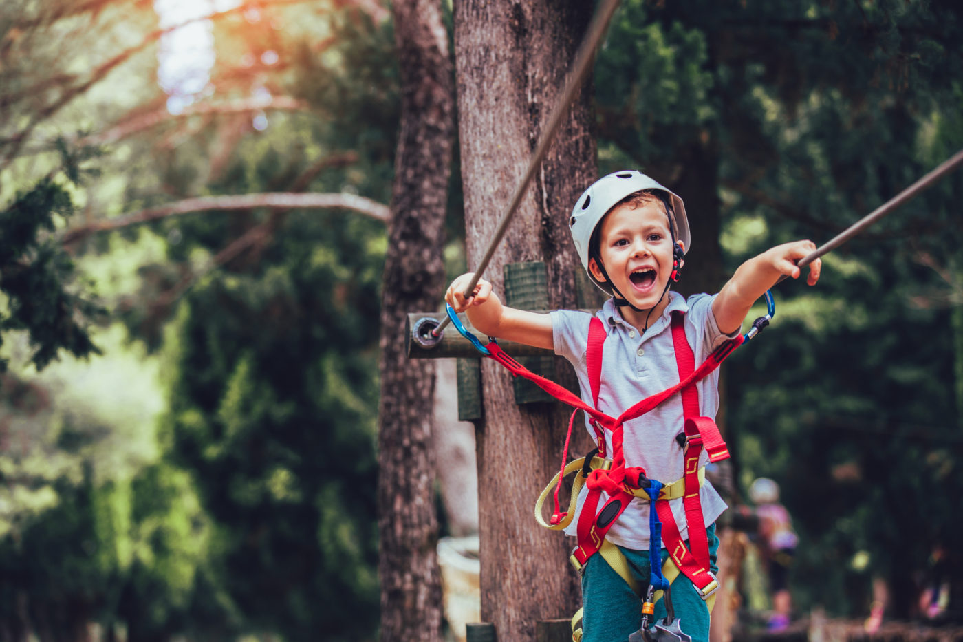 Happy boy playing at adventure park on sunny day.