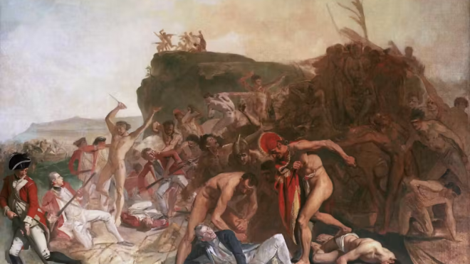 The European reaction to the death of James Cook revealed the conflicting stereotype of the ‘brutal savage’. Johanne Zoffany, The Death of Captain James Cook, 1779