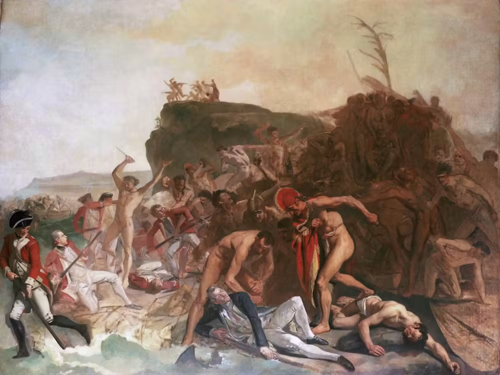 The European reaction to the death of James Cook revealed the conflicting stereotype of the ‘brutal savage’. Johanne Zoffany, The Death of Captain James Cook, 1779