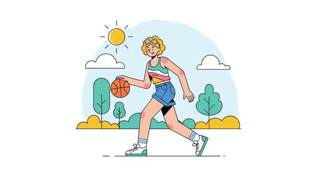 girl-playing-basketball-in-park-outdoor-summer-sport-lifestyle-illustration-vector