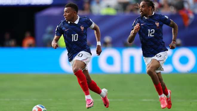France v Sweden – New York New Jersey Stadium, East Rutherford, New Jersey, U.S. – June 30, 2026 France’s Kylian Mbappe and Bradley Barcola in action IMAGN IMAGES via Reuters/Vincent Carchietta
