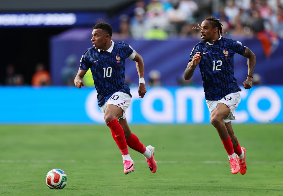 France v Sweden – New York New Jersey Stadium, East Rutherford, New Jersey, U.S. – June 30, 2026 France’s Kylian Mbappe and Bradley Barcola in action IMAGN IMAGES via Reuters/Vincent Carchietta