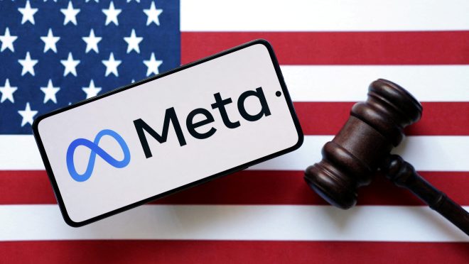 FILE PHOTO: Illustration shows Meta logo, U.S. flag and judge’s gavel