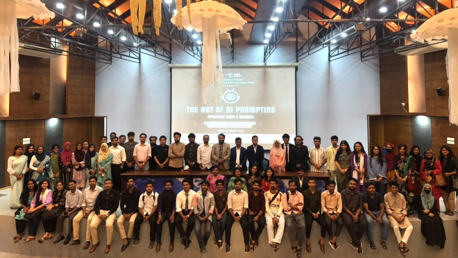 Participants and organisers pose for a group photo at the day-long workshop “Art of AI Prompting: Optimising Study and Research” organised by the Chittagong University Scientific Society (CUSS) at Chittagong University on 19 August 2026. Photo: TBS