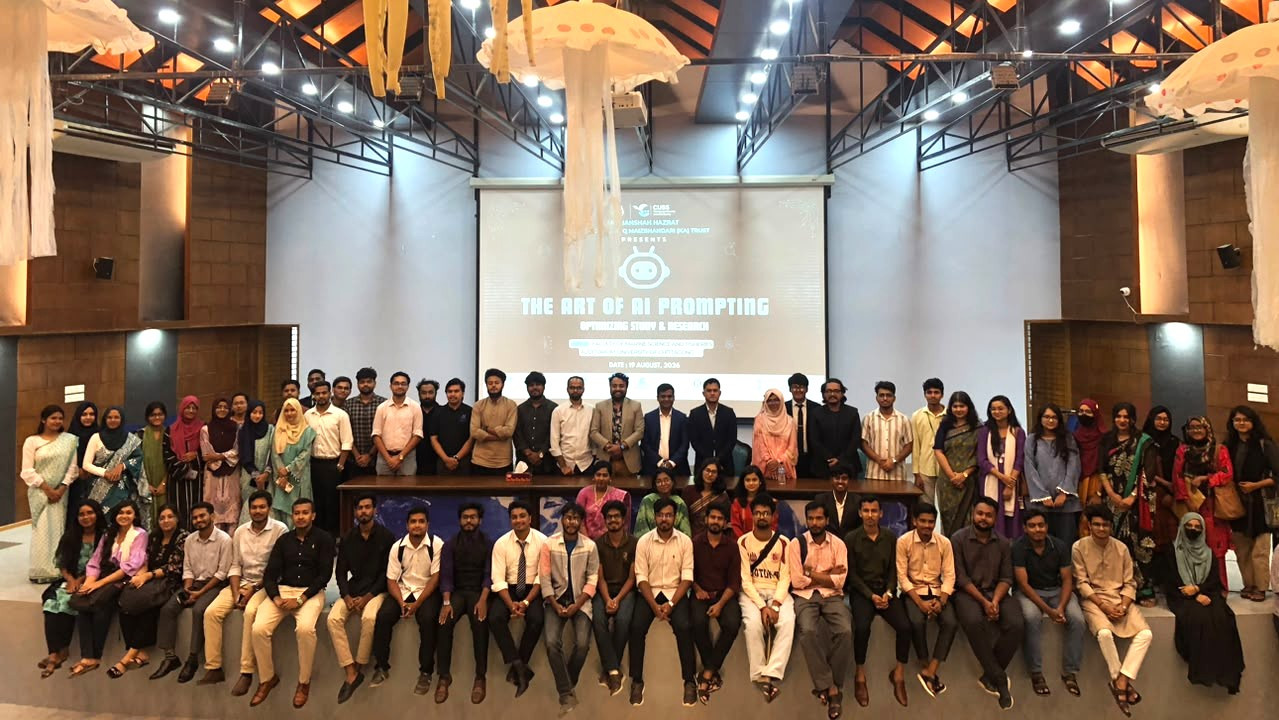 Participants and organisers pose for a group photo at the day-long workshop “Art of AI Prompting: Optimising Study and Research” organised by the Chittagong University Scientific Society (CUSS) at Chittagong University on 19 August 2026. Photo: TBS