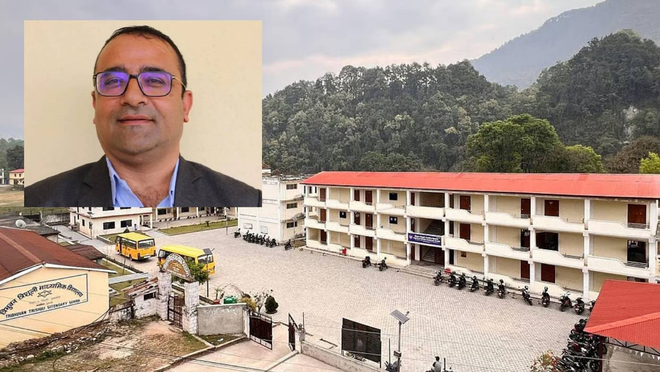 Rajendra Dawadi, the principal of Tribhuvan Trishuli Secondary School in Nepal, is being praised as a hero for saving 1,643 children from the monster flash floods that ravaged the Nepal-Tibet border. Photo: Facebook/Rajendra Dawadi and Desh Sanchar