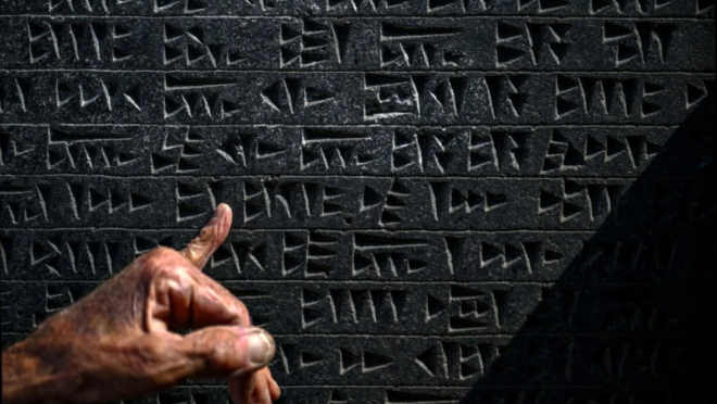 Kusman runs his finger over a tablet engraved with the ancient Urartu language © Ozan KOSE / AFP