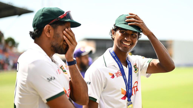 Hasan Mahmud (right) was named player of the match after taking nine wickets in the opening Test
