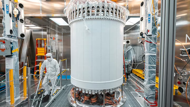 The LUX-ZEPLIN dark matter experiment main detector in a surface lab before installation underground at the Sanford Underground Research Facility in Lead, South Dakota, U.S., in this undated handout photo. The detector is managed by the U.S. Department of Energy’s Lawrence Berkeley National Laboratory. Matthew Kapust/Sanford