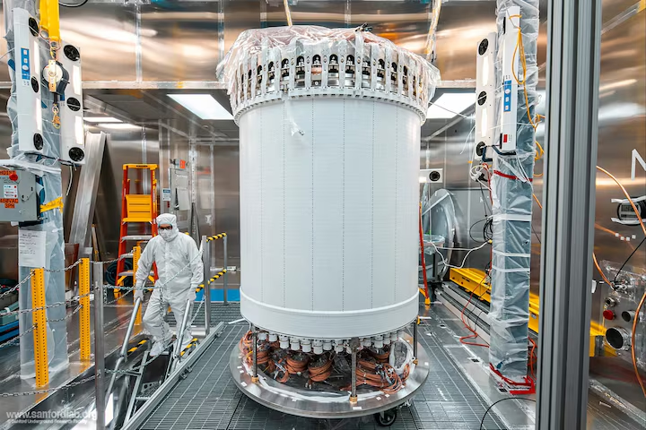 The LUX-ZEPLIN dark matter experiment main detector in a surface lab before installation underground at the Sanford Underground Research Facility in Lead, South Dakota, U.S., in this undated handout photo. The detector is managed by the U.S. Department of Energy’s Lawrence Berkeley National Laboratory. Matthew Kapust/Sanford