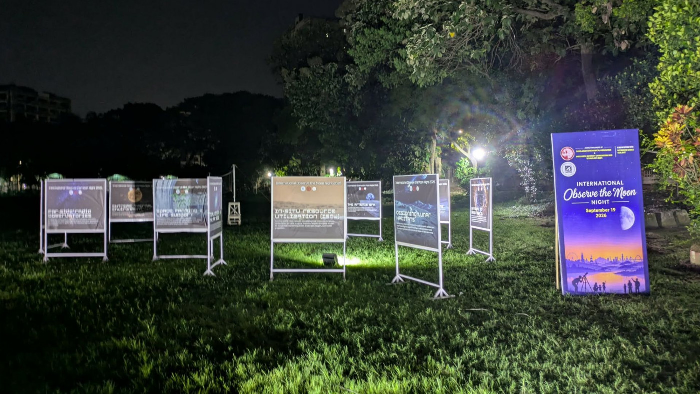 Various posters on space, lunar exploration and the possibilities of future human habitation and research were displayed at the venue during the event at BUET on Saturday. Photo: TBS