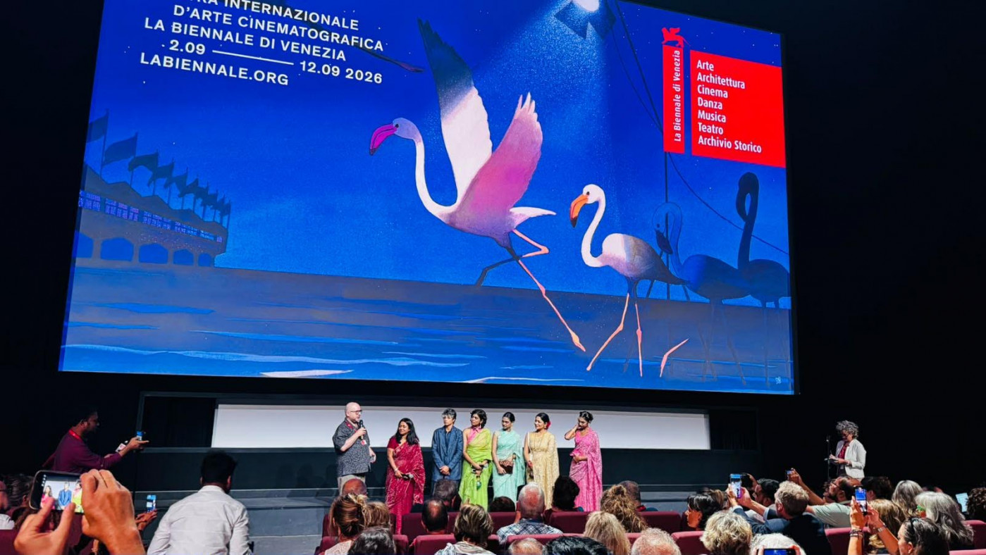Members of “The Difficult Bride” team pose on stage during the film’s world premiere in the Orizzonti competition section of the 83rd Venice International Film Festival in Venice, Italy. Photo: Courtesy