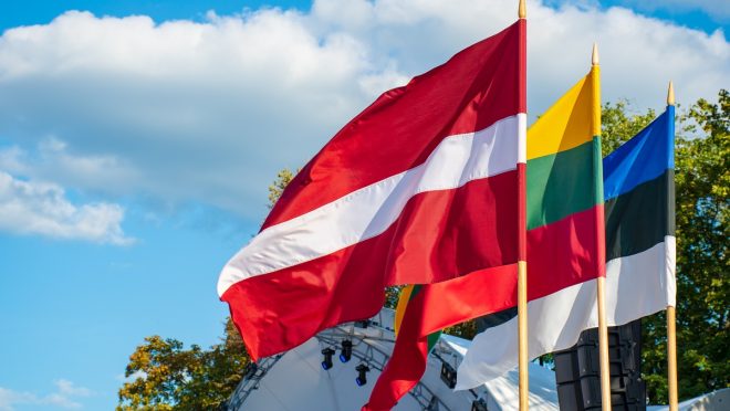 Latvian,,Lithuanian,And,Estonian,Flags,Waving,Together,,Latvia,,Lithuania,,Estonia,