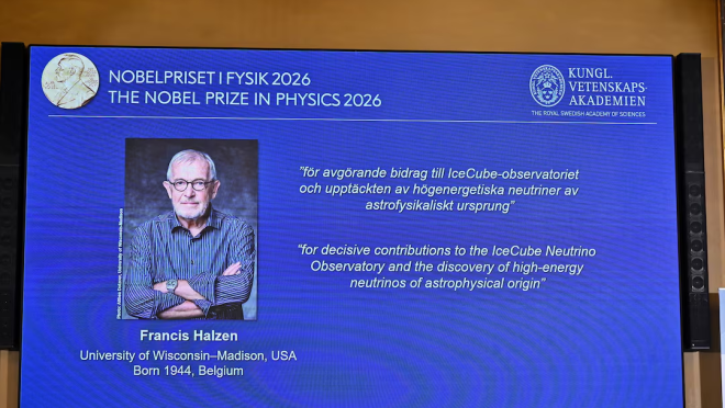 A display board shows that Francis Halzen is announced as the recipient of the 2026 Nobel Prize in Physics during a press conference at the Royal Swedish Academy of Sciences in Stockholm, Sweden, October 6, 2026. TT News Agency/Christine Olsson/ via REUTERS