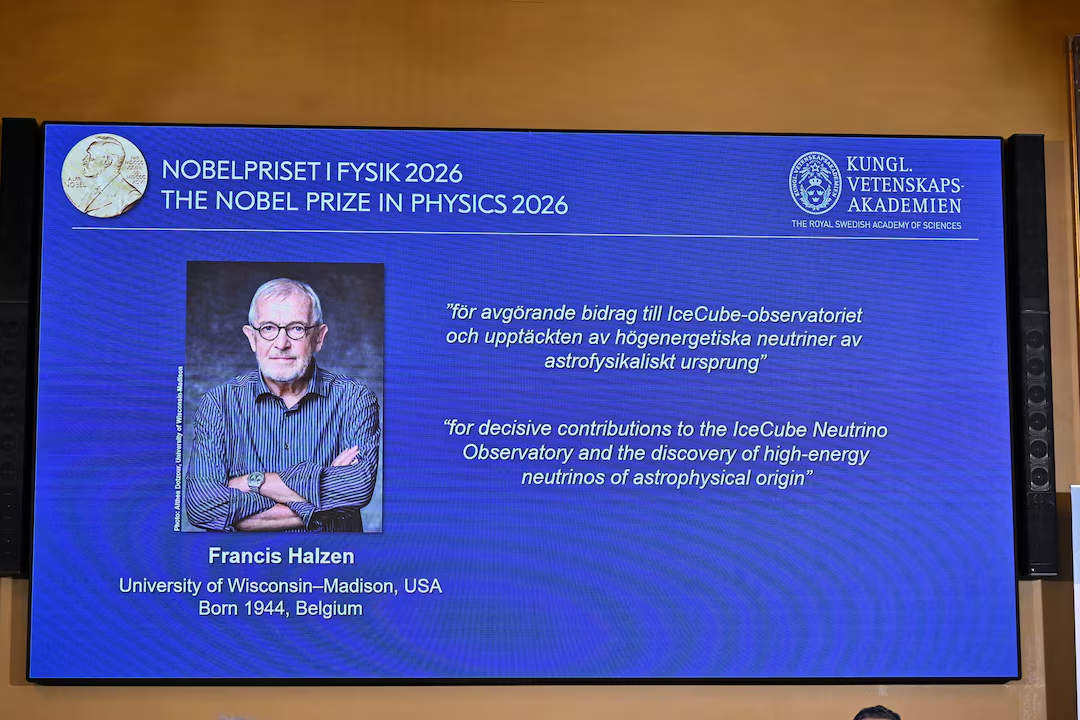 A display board shows that Francis Halzen is announced as the recipient of the 2026 Nobel Prize in Physics during a press conference at the Royal Swedish Academy of Sciences in Stockholm, Sweden, October 6, 2026. TT News Agency/Christine Olsson/ via REUTERS