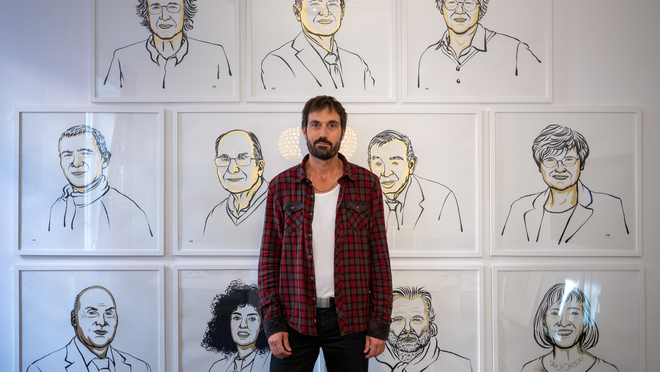 Niklas has to keep the Nobel Prize winners’ names confidential while sketching. Photos: Courtesy