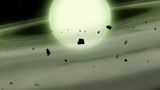 An artist’s impression of the cool white dwarf star WDJ1330+6435, which has accreted sodium-rich rocky material from its planetary system into its atmosphere, and the star’s immense atmospheric density causes the sodium to absorb light over broad range of yellow, orange and red wavelengths, giving it a ghostly green appearance, in… Purchase Licensing Rights
