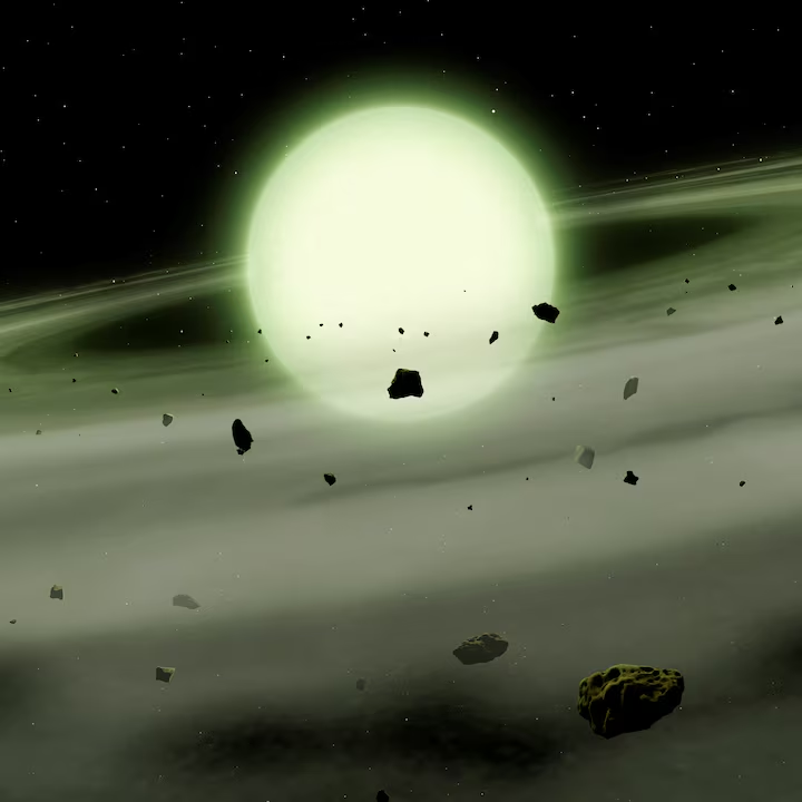An artist’s impression of the cool white dwarf star WDJ1330+6435, which has accreted sodium-rich rocky material from its planetary system into its atmosphere, and the star’s immense atmospheric density causes the sodium to absorb light over broad range of yellow, orange and red wavelengths, giving it a ghostly green appearance, in… Purchase Licensing Rights