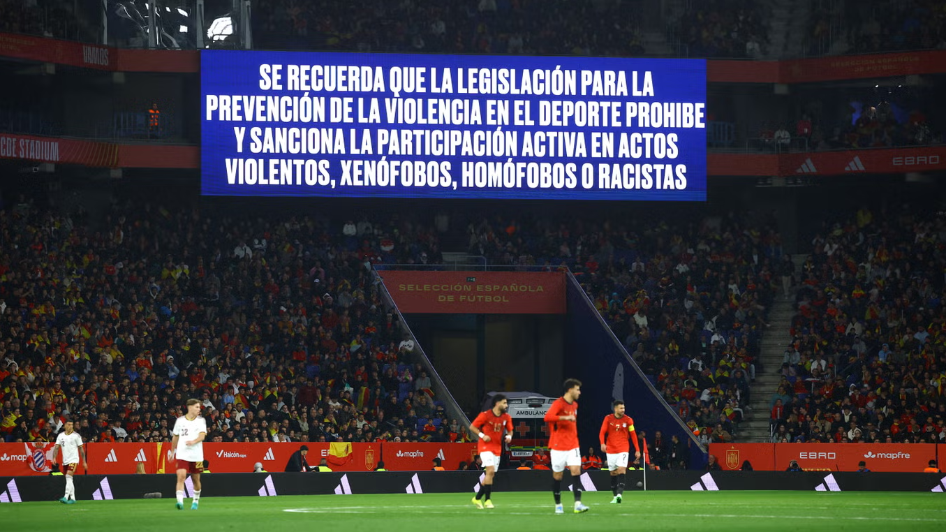 A big screen displays an anti discrimination message inside the stadium during the World Cup warm-up match between Spain and Egypt. Photo: Reuters